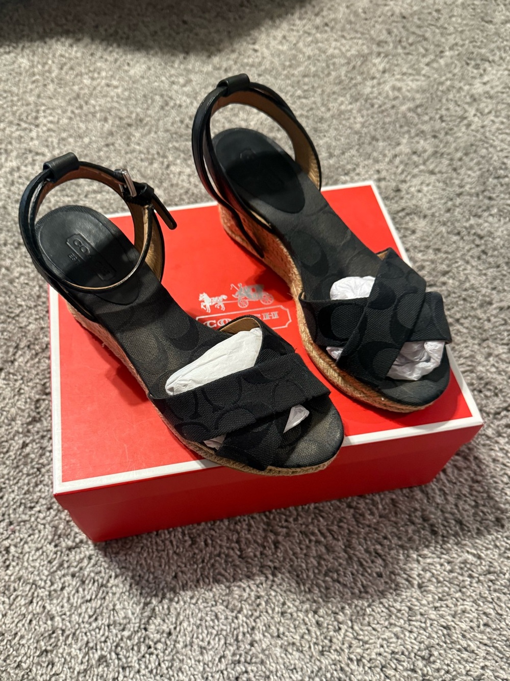 Vintage Coach Black Wedge Sandals with Ankle Strap